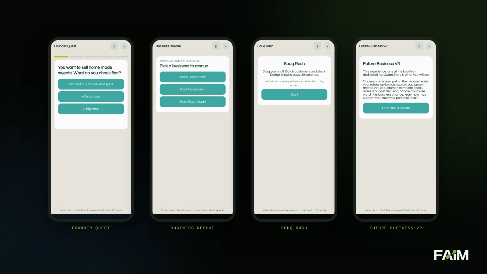 Phone screens of Founder Quest, Business Rescue, Souq Rush and the VR experience