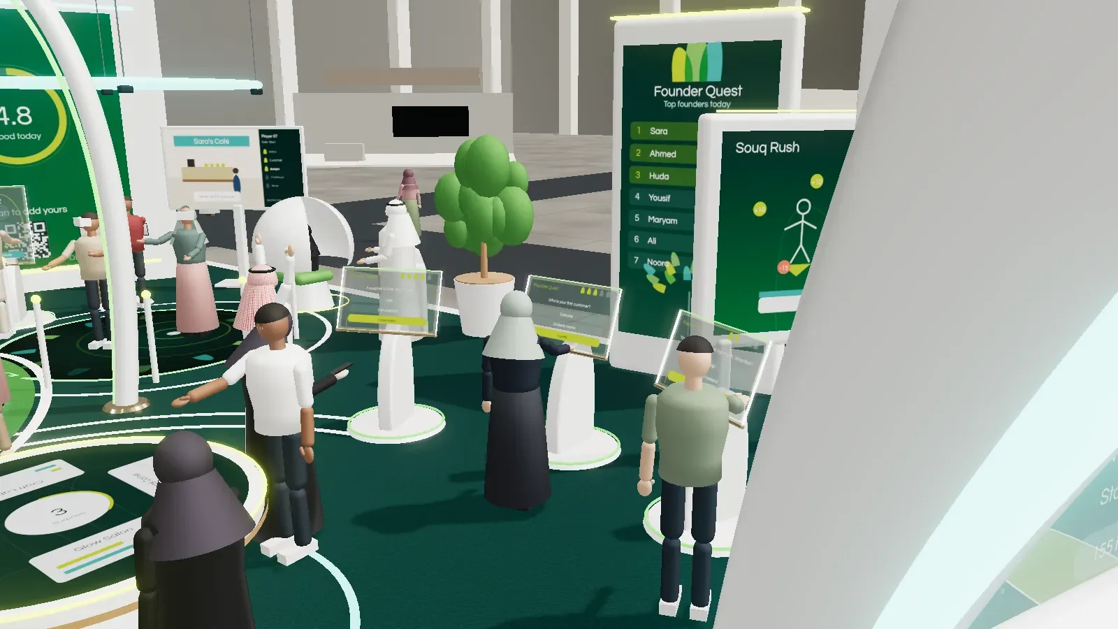 Founder Quest live leaderboard with visitors playing on stands