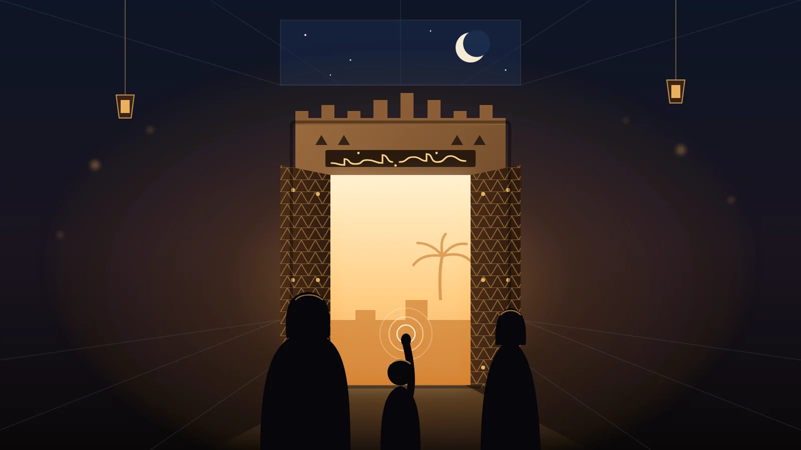 Illustration of a family seen from behind as a child touches a glowing Najdi door screen in a Riyadh mall atrium at night, with a crescent moon in the skylight