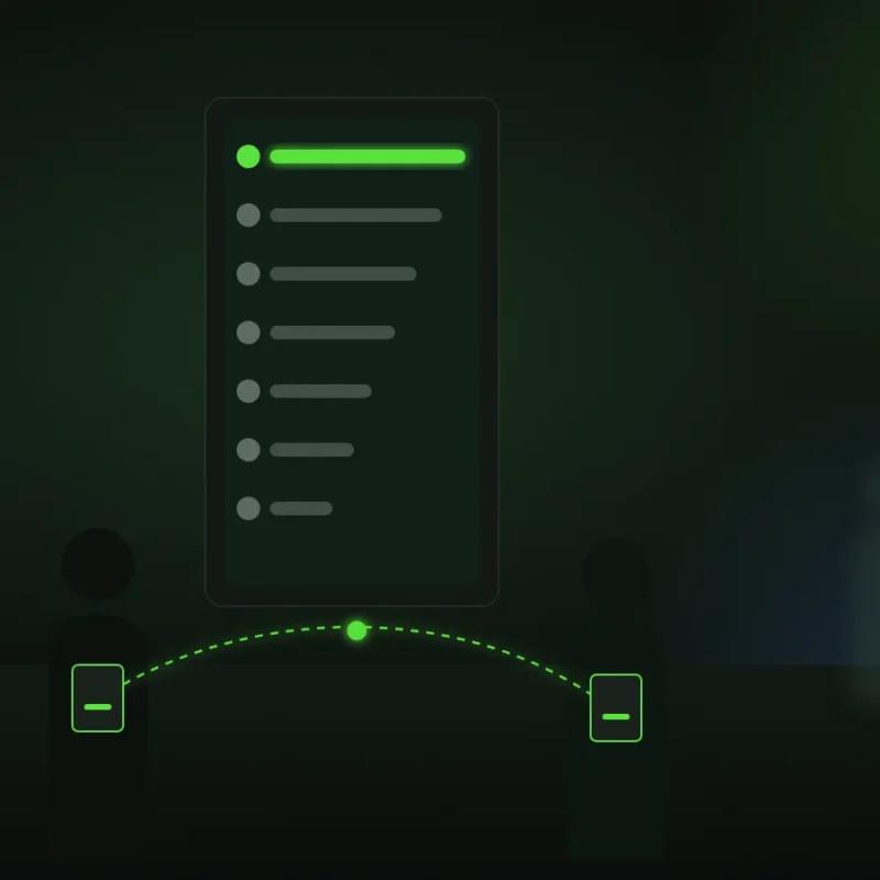 Illustration of two event guests with badges linked by a glowing line beside a digital leaderboard