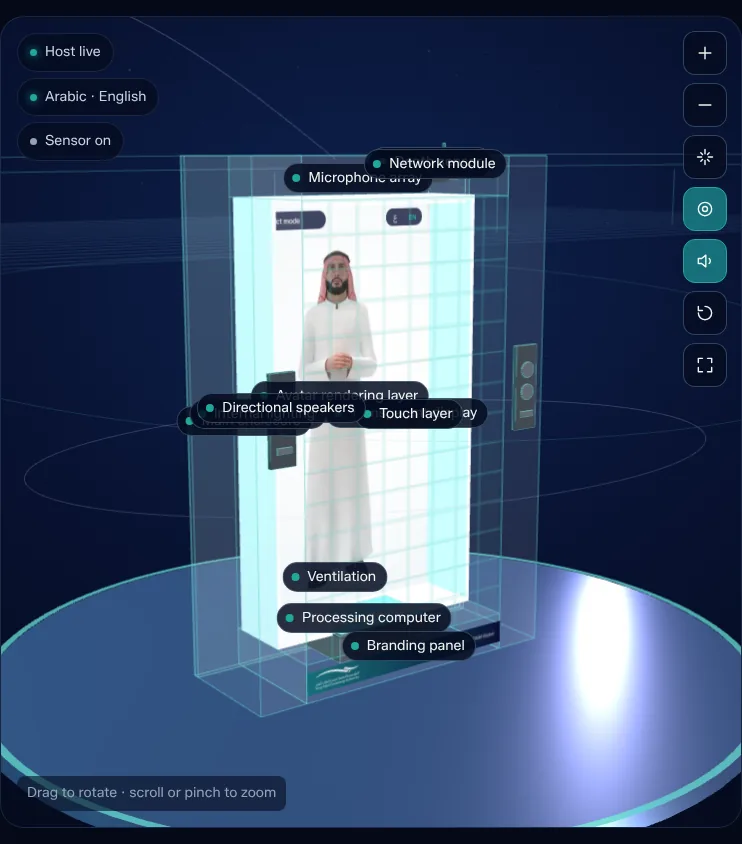 X-ray 3D view of the hologram cabinet showing the microphone array, network module, processing computer, ventilation and branding panel