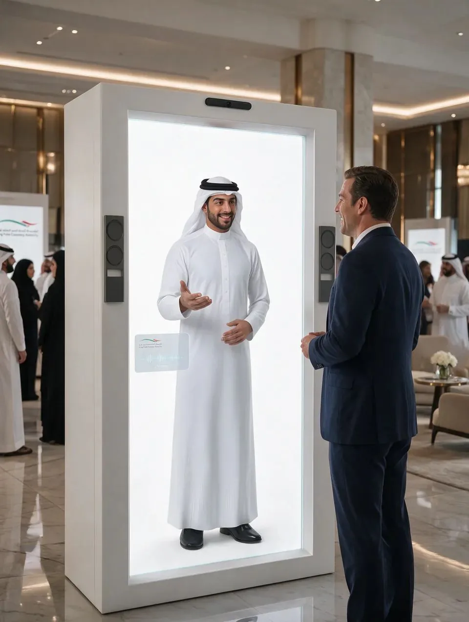 The digital host gesturing as he talks to a visitor in front of the white hologram cabinet