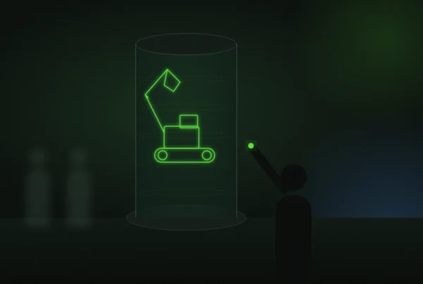 Illustration of a visitor reaching toward a glass hologram column showing a glowing wireframe excavator