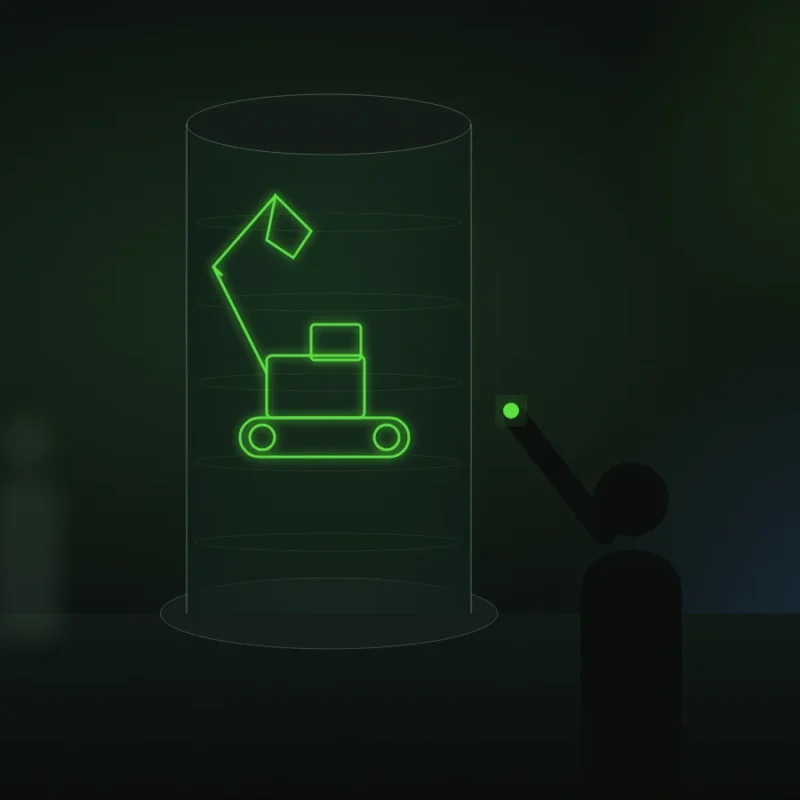 Illustration of a visitor reaching toward a glass hologram column showing a glowing wireframe excavator