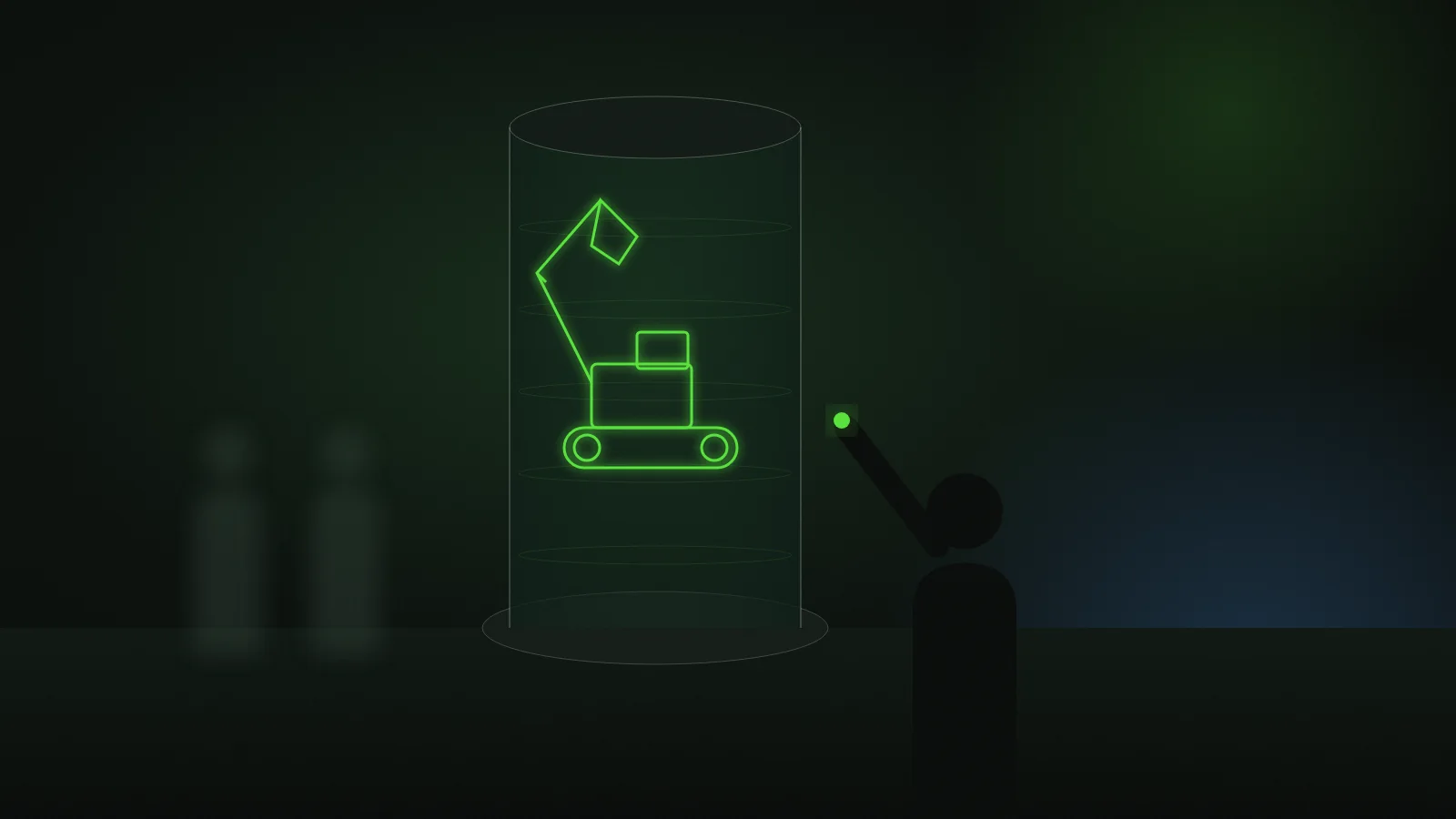 Illustration of a visitor reaching toward a glass hologram column showing a glowing wireframe excavator