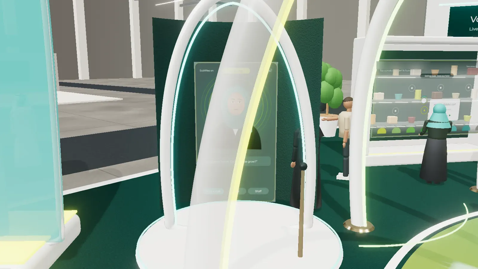 Close up of a holographic guide station with a product showcase behind
