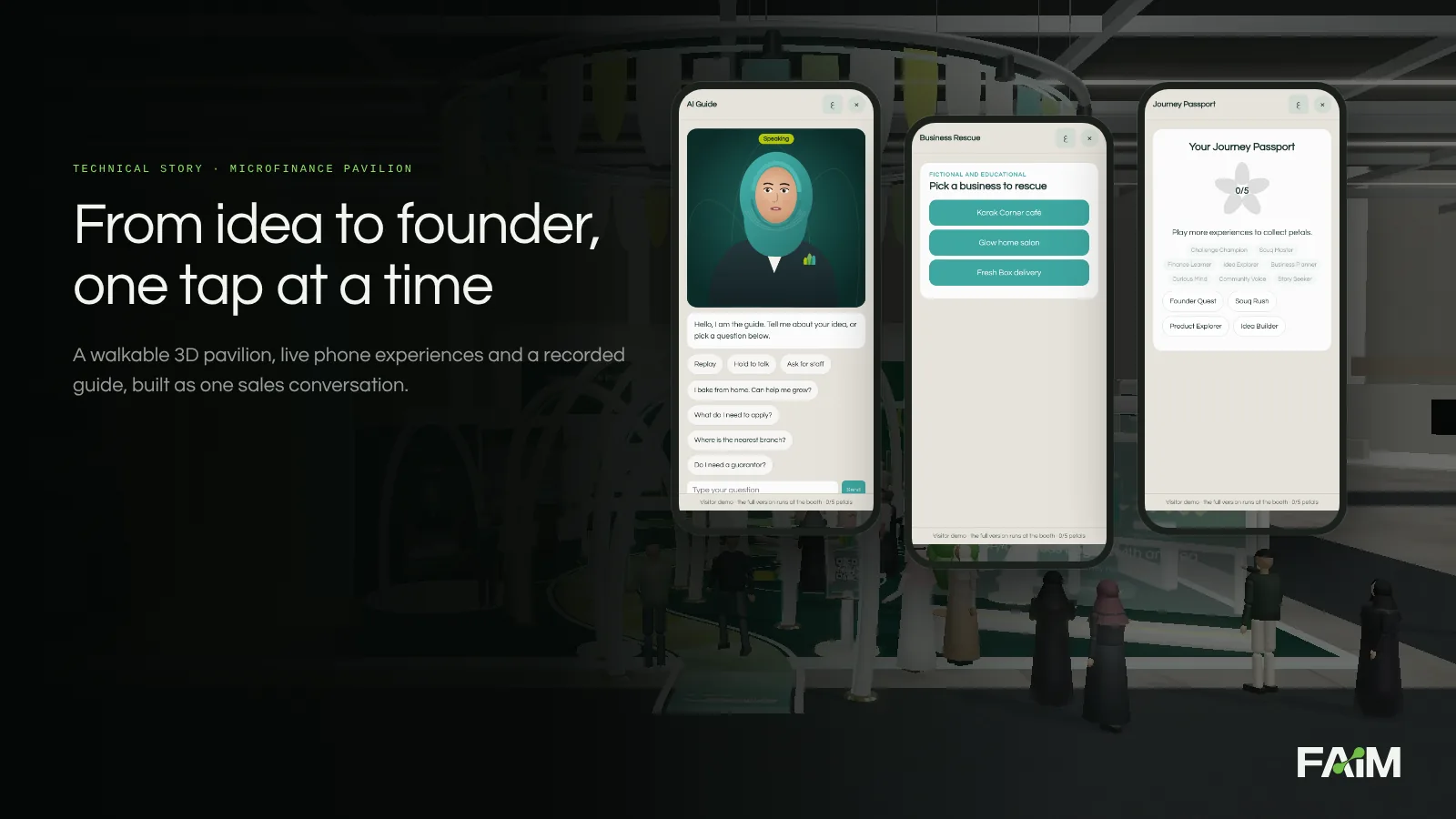 Interactive booth presentation with three live phone apps over a 3D exhibition pavilion