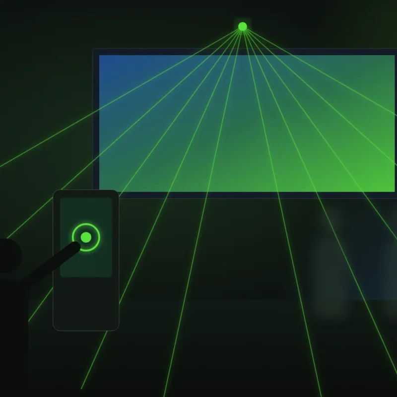 Illustration of a visitor touching a kiosk that triggers an LED wall and a fan of green laser beams