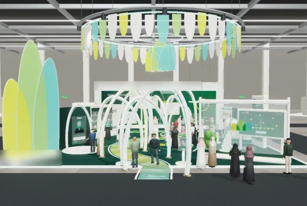 Front view of an interactive pavilion with arches, petal towers and visitors