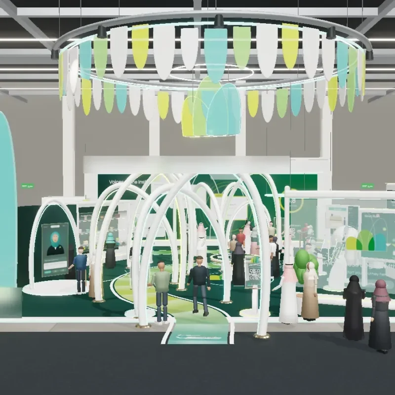 Front view of an interactive pavilion with arches, petal towers and visitors