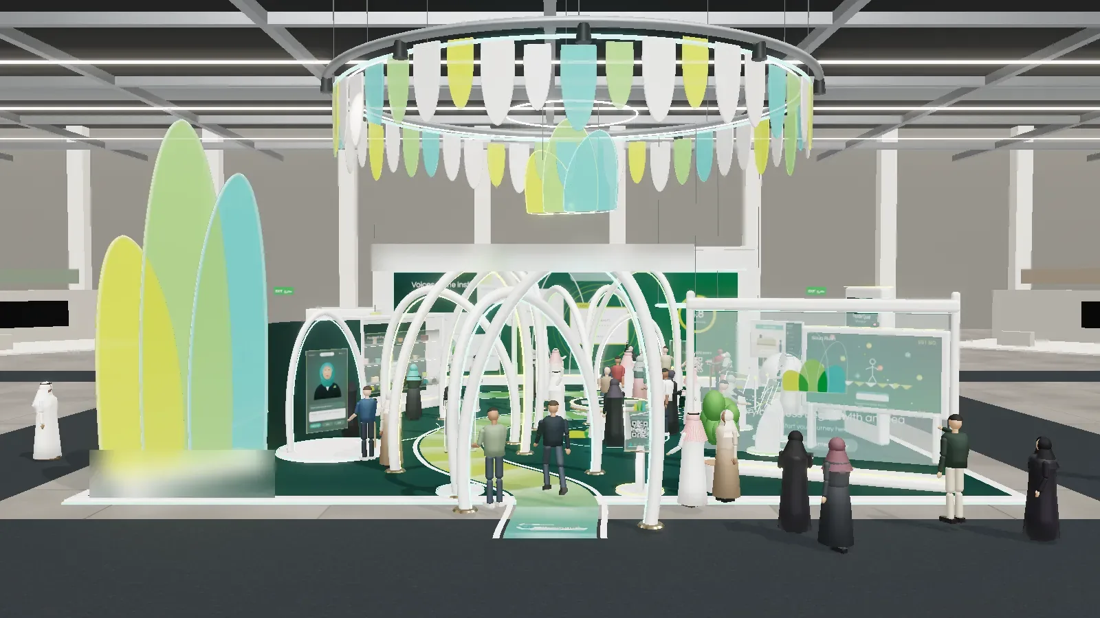 Front view of an interactive pavilion with arches, petal towers and visitors