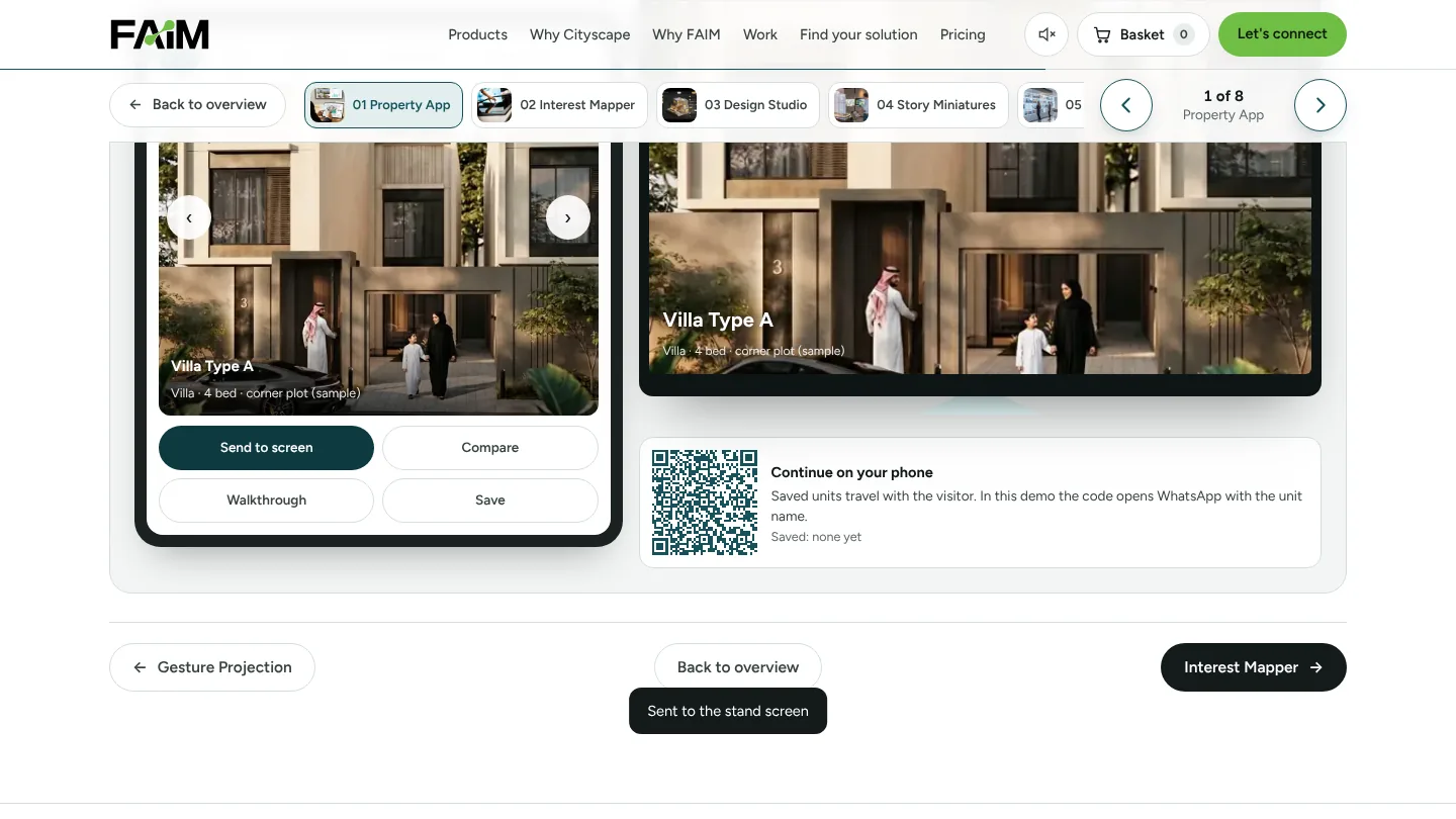 Interactive property app demo: tablet with unit filters mirrored to a stand screen, with a QR code to continue on the phone