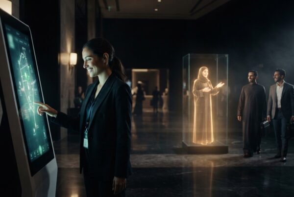 Interactive wayfinder and holographic host welcoming event visitors