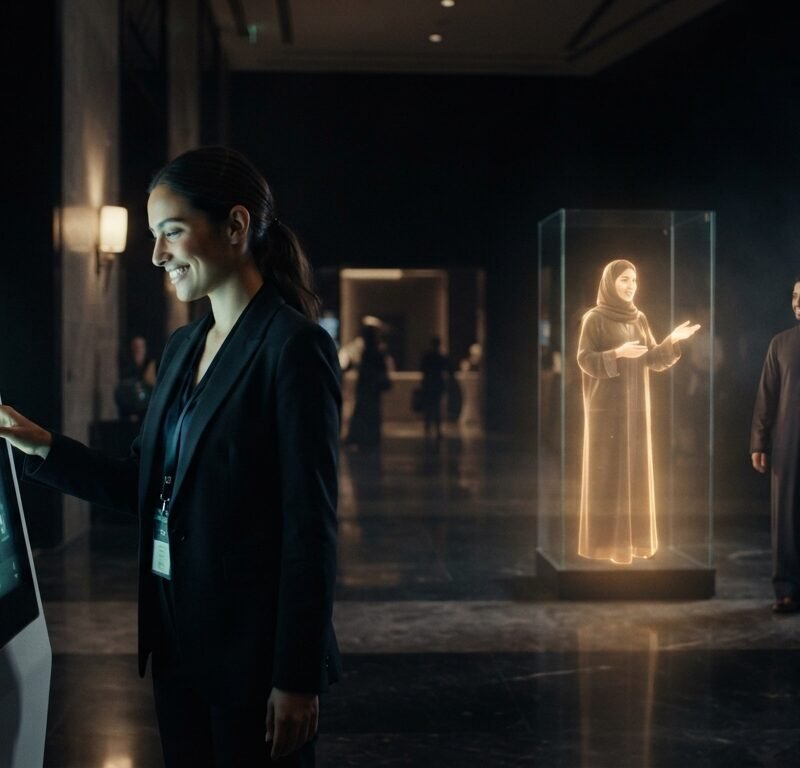 Interactive wayfinder and holographic host welcoming event visitors