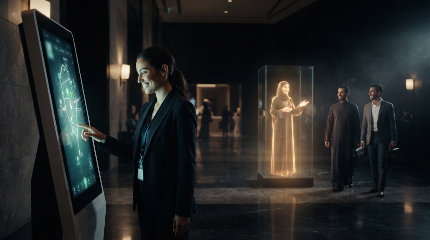 Interactive wayfinder and holographic host welcoming event visitors