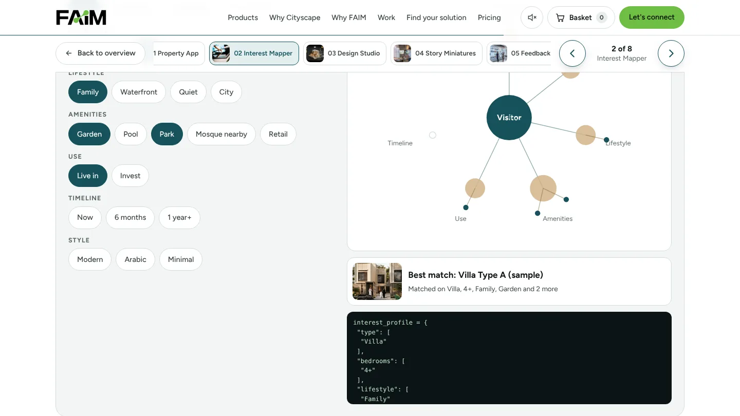 Interest mapper demo: visitor preference chips building a live interest map with a best match villa and a sales profile