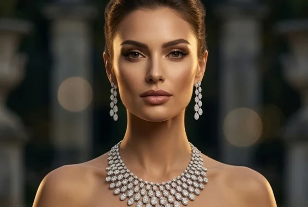 Woman wearing a diamond necklace and drop earrings, cover image for Jewellery Arabia interactive technology