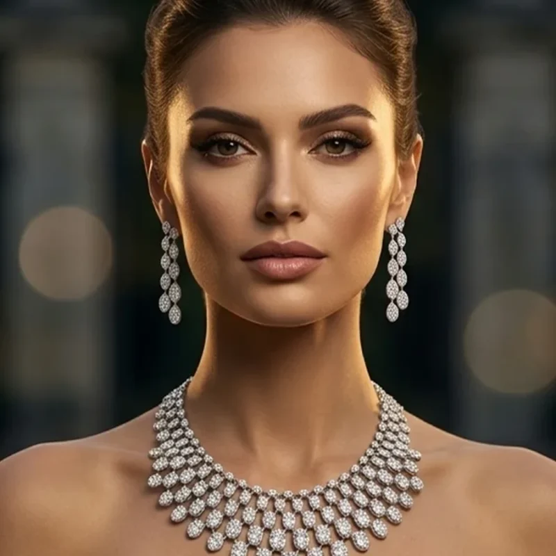 Woman wearing a diamond necklace and drop earrings, cover image for Jewellery Arabia interactive technology