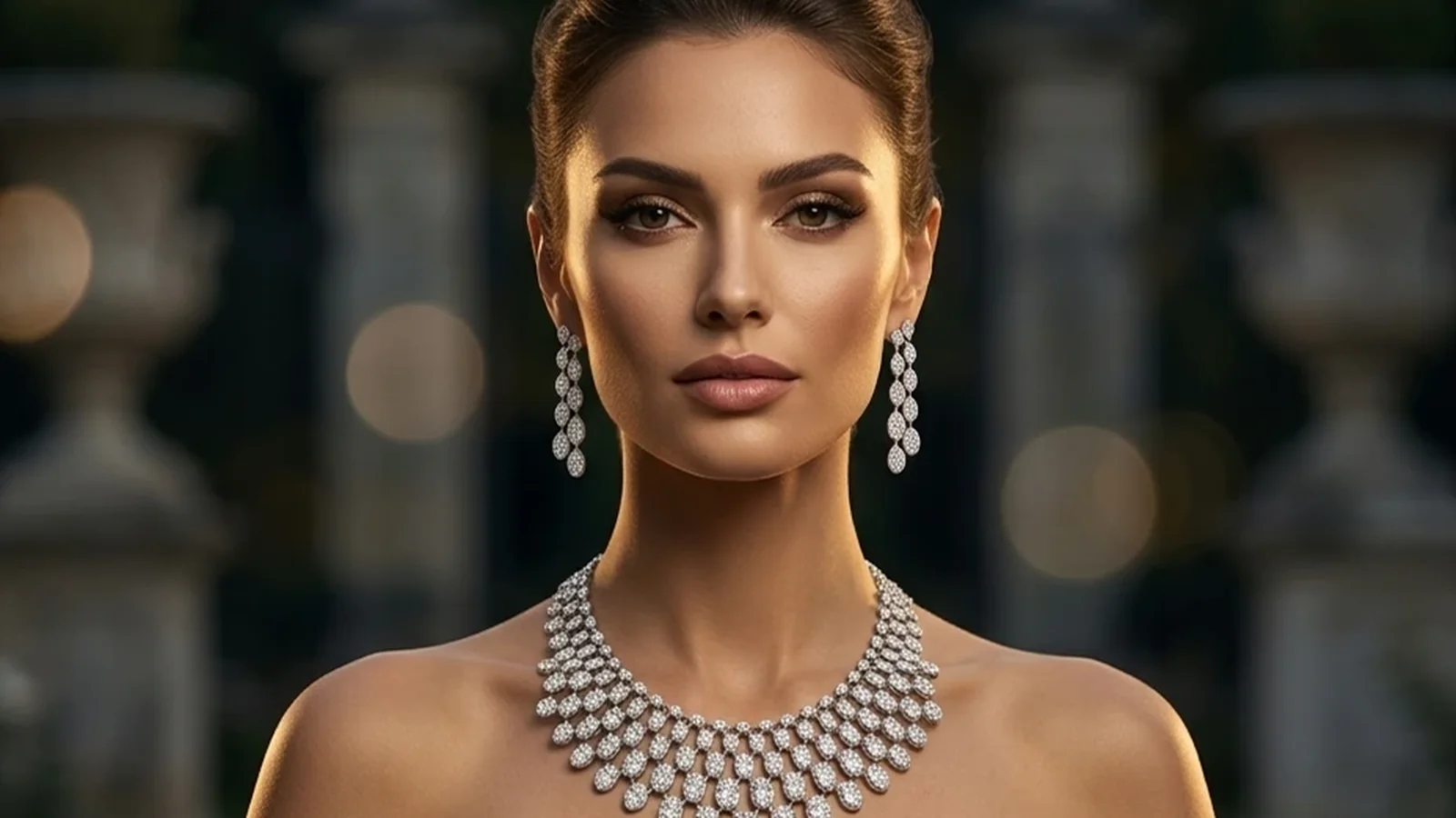 Woman wearing a diamond necklace and drop earrings, cover image for Jewellery Arabia interactive technology