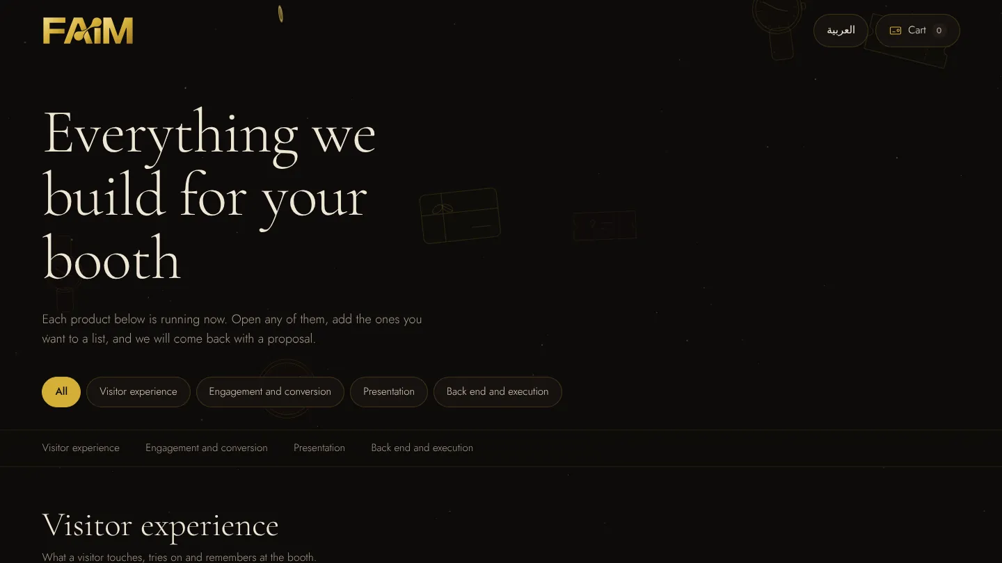 Overview of the FAIM Jewellery Arabia interactive technology experience, showing visitor, engagement, presentation and back-end modules for jewellery exhibitors