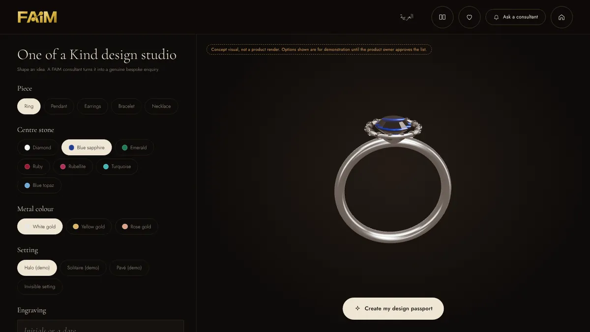Jewellery design and personalisation studio with choices for piece, centre stone, metal colour, setting and engraving, showing a live ring concept