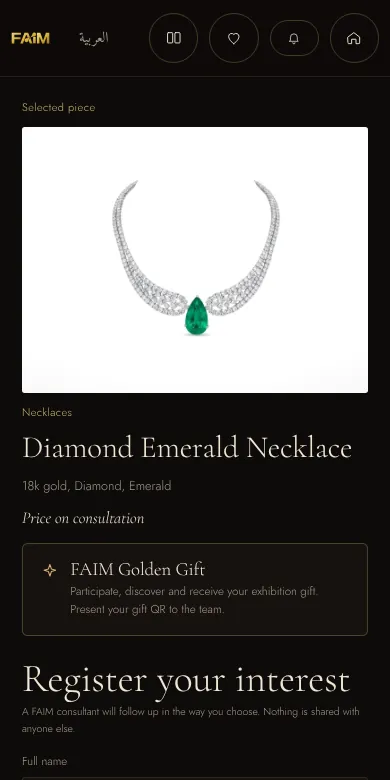 Jewellery lead capture form on a phone with a selected diamond emerald necklace, the golden gift offer and register-your-interest fields