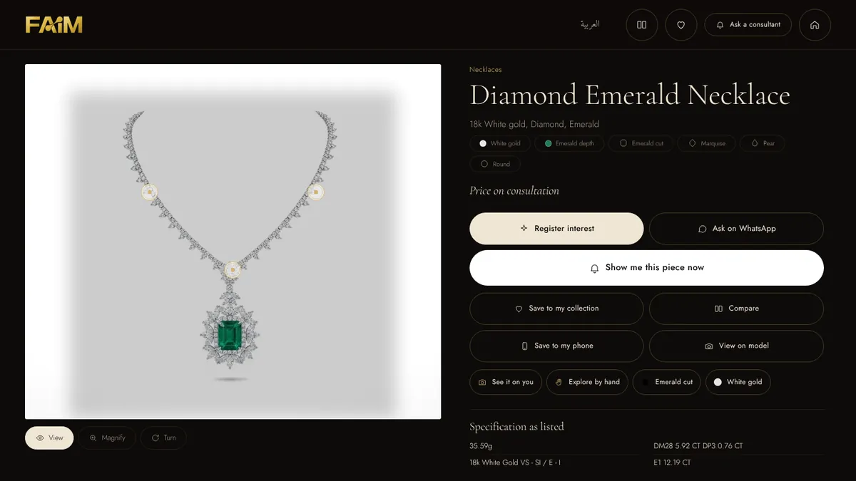 Jewellery product explorer showing a diamond emerald necklace with magnify and turn controls, specification and register-interest, WhatsApp and compare actions