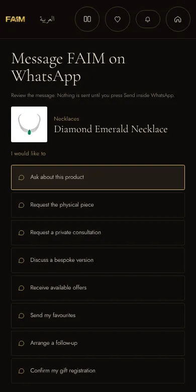 WhatsApp enquiry flow listing choices such as request the physical piece, request a private consultation and discuss a bespoke version