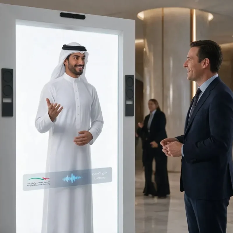 A full-height digital host in white national dress inside the 86-inch white hologram cabinet, talking with a visitor in a suit in an event hall