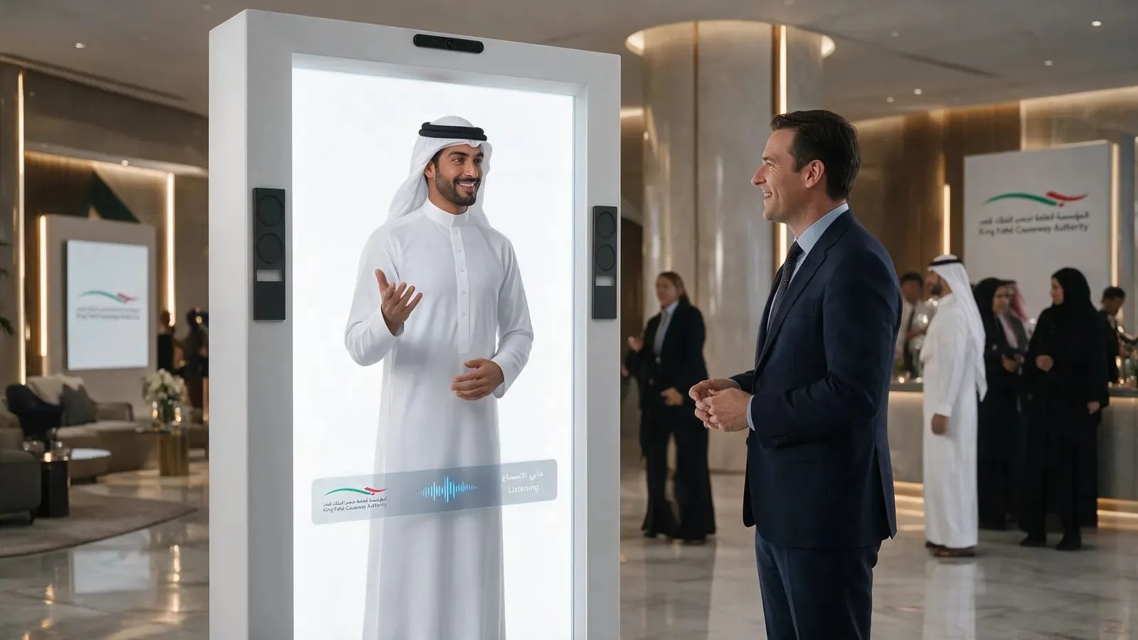 A full-height digital host in white national dress inside the 86-inch white hologram cabinet, talking with a visitor in a suit in an event hall