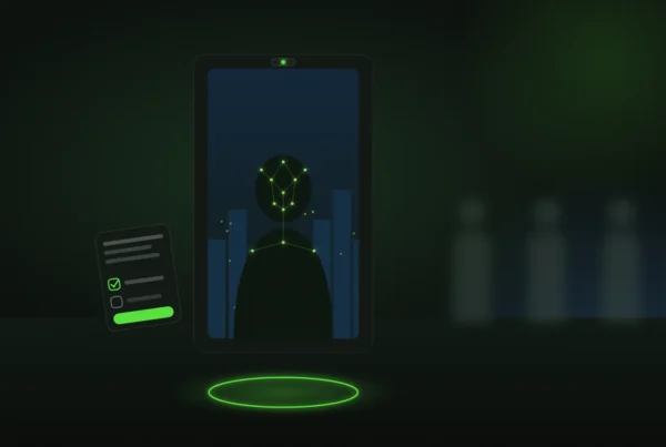 A camera mirror on an exhibition stand tracking one visitor on a glowing floor marker, a consent tablet beside it and blurred passers-by in the walkway