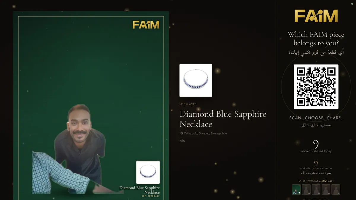 Live photo wall LED display showing a visitor portrait with a chosen jewellery piece, a scan QR code and a count of moments shared today