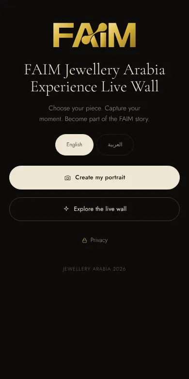 Live photo wall joining screen on a visitor's phone with language choice, create my portrait and explore the live wall buttons