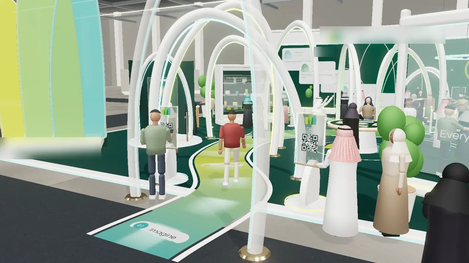Pavilion entrance with a guided floor path and QR code stands