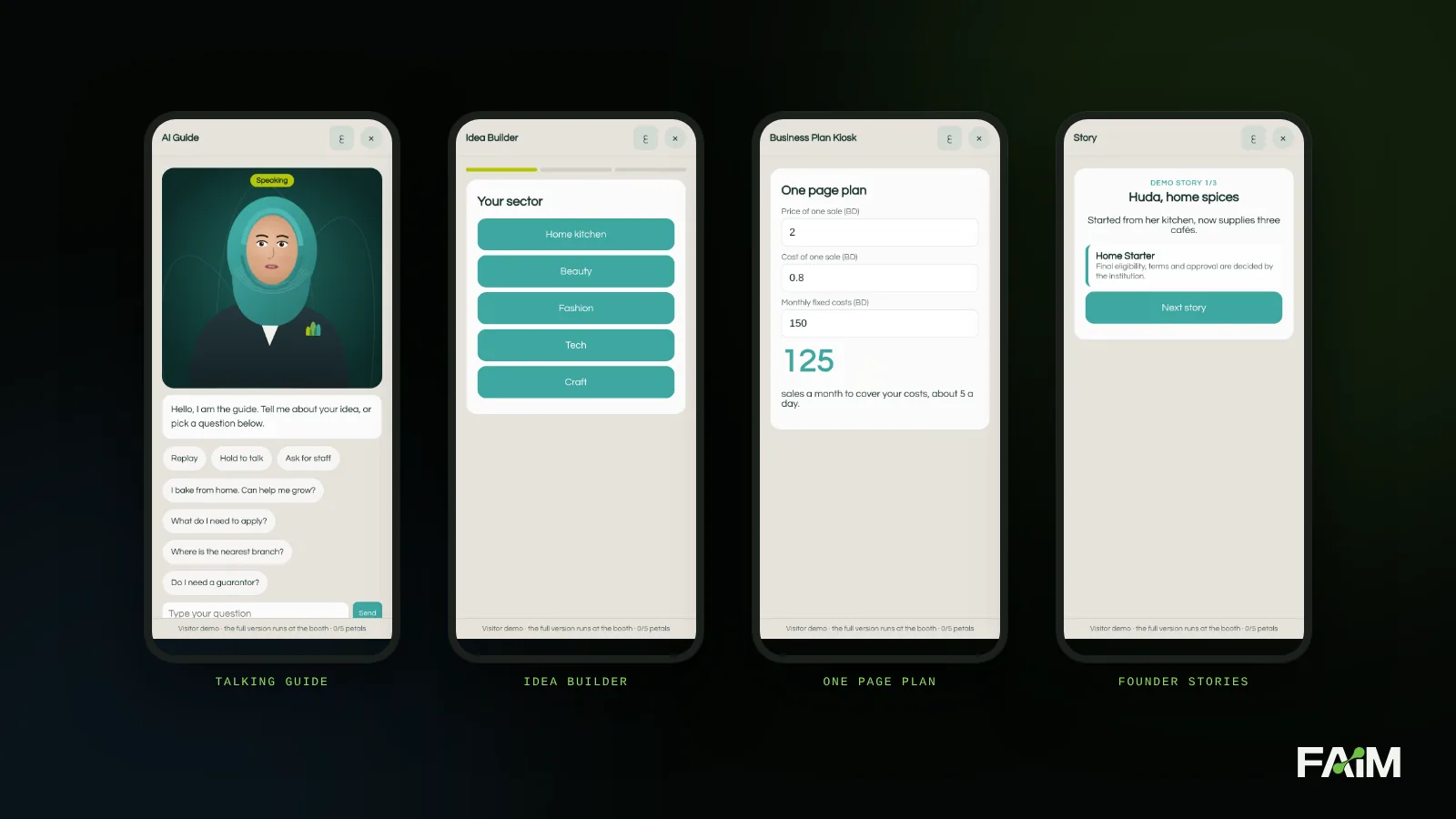 Phone screens of the talking guide, idea builder, one page plan and founder stories