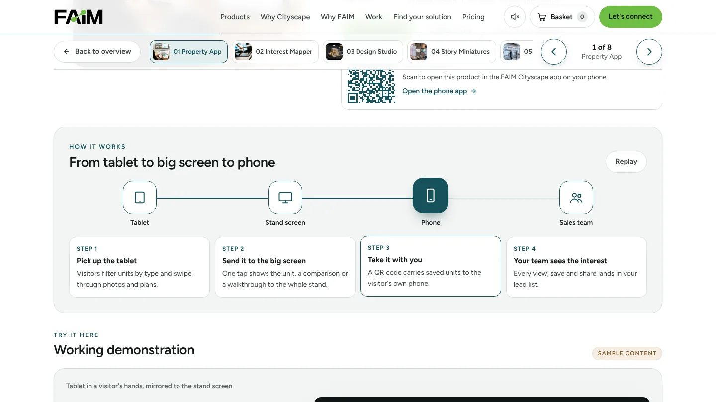 Animated how it works explainer for the property app: tablet, stand screen, phone and sales team steps