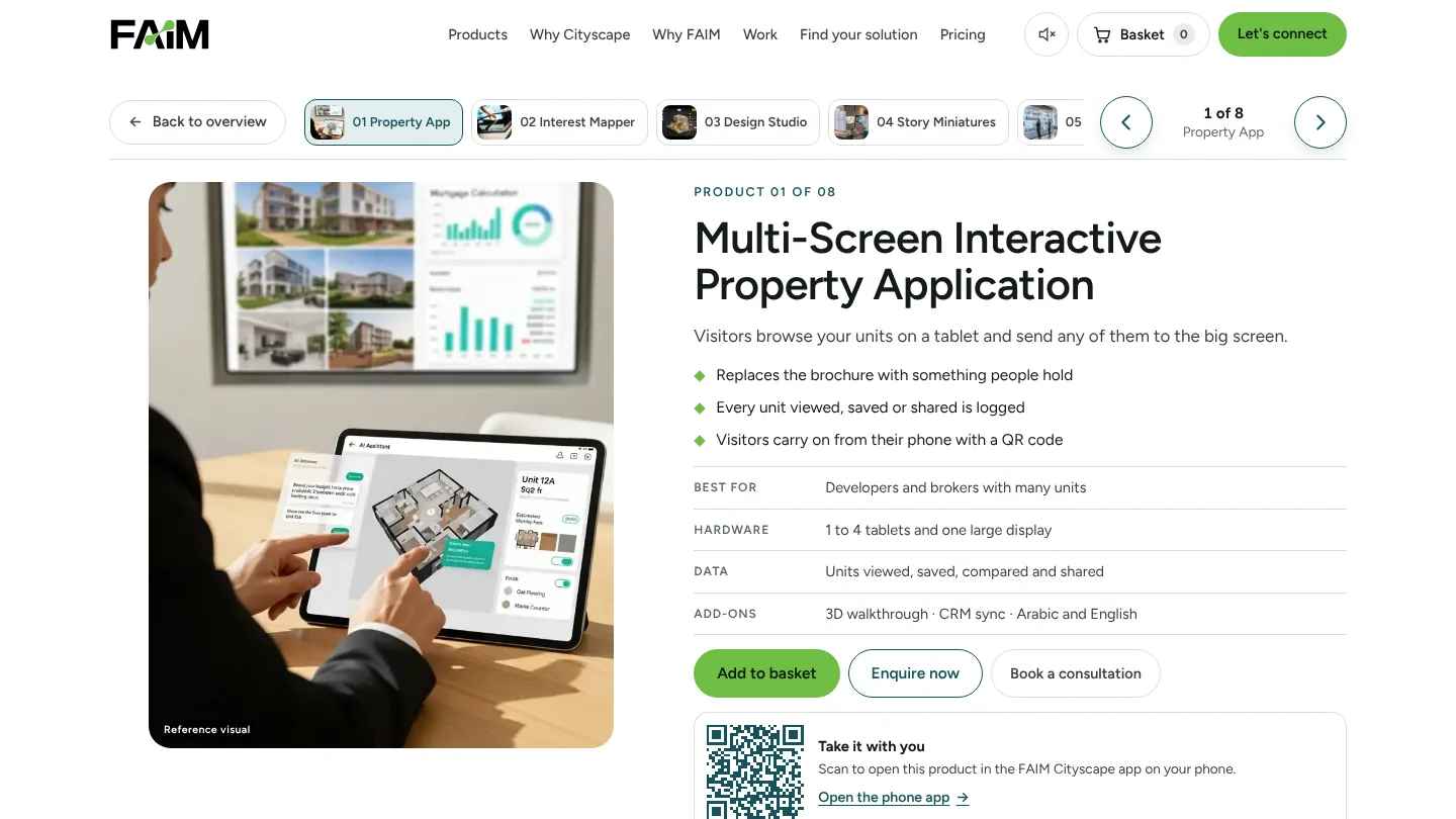 Product focus view for the Multi-Screen Interactive Property Application showing benefits, hardware, data collected and Add to basket button