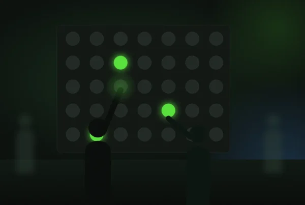 Illustration of two adults reaching for glowing targets on an interactive light wall