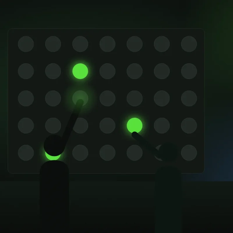 Illustration of two adults reaching for glowing targets on an interactive light wall