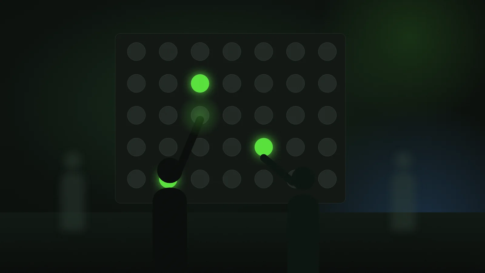 Illustration of two adults reaching for glowing targets on an interactive light wall