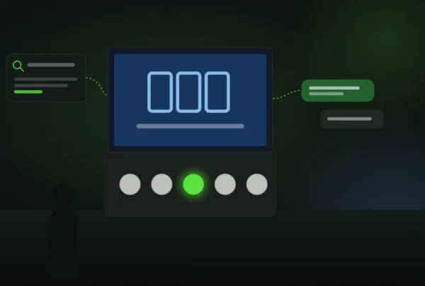 Illustration of a reaction game console with one lit button, linked to a search result card and chat messages