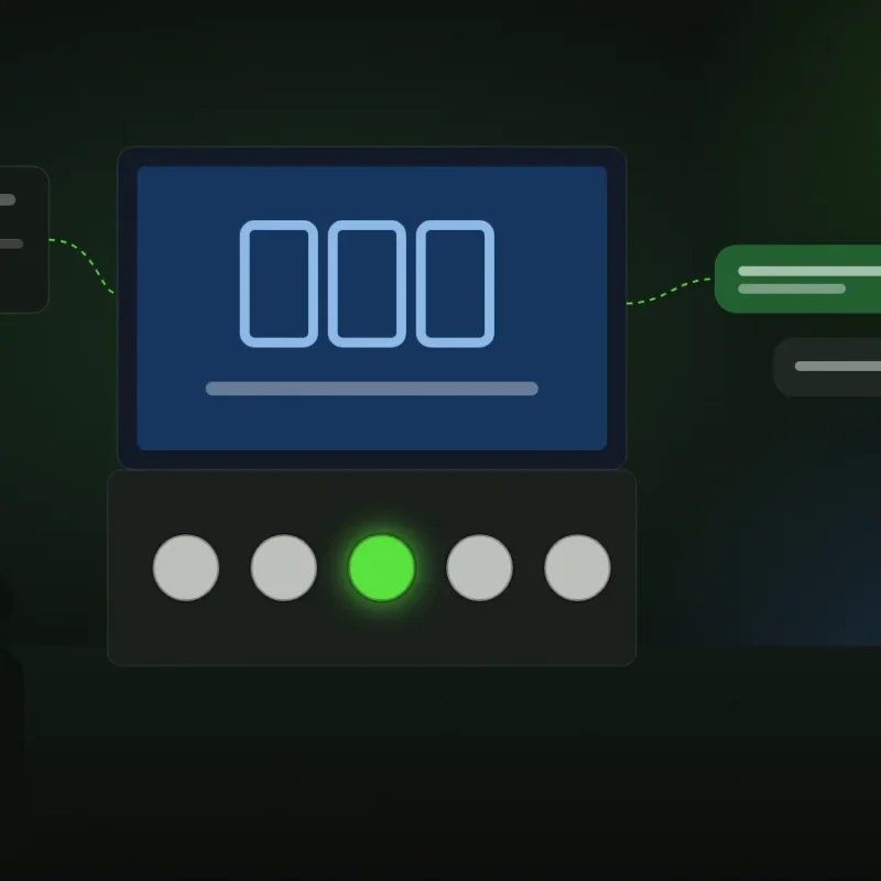 Illustration of a reaction game console with one lit button, linked to a search result card and chat messages