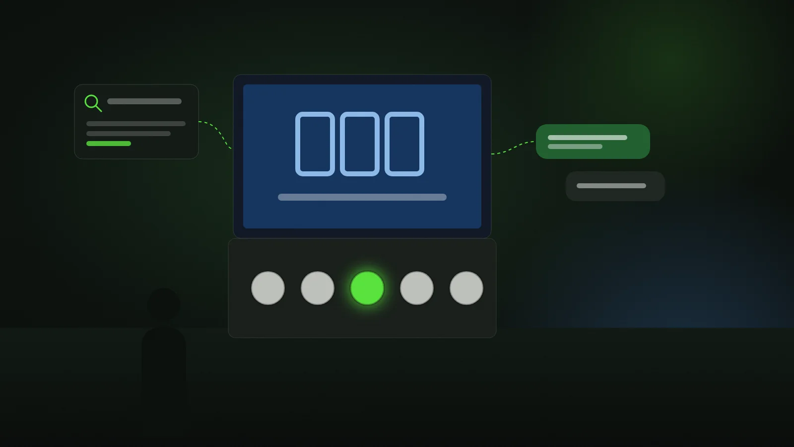 Illustration of a reaction game console with one lit button, linked to a search result card and chat messages