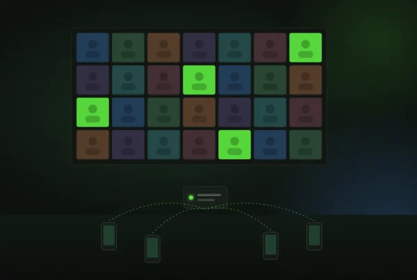 Illustration of an LED wall of guest photo tiles fed by phones through a small local server on the stand
