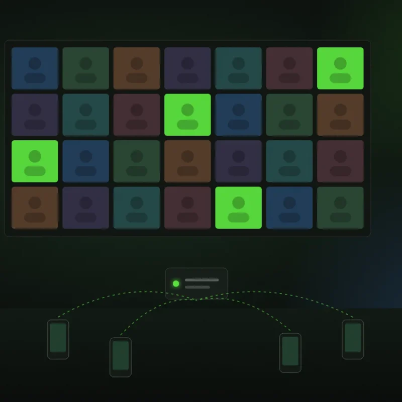 Illustration of an LED wall of guest photo tiles fed by phones through a small local server on the stand