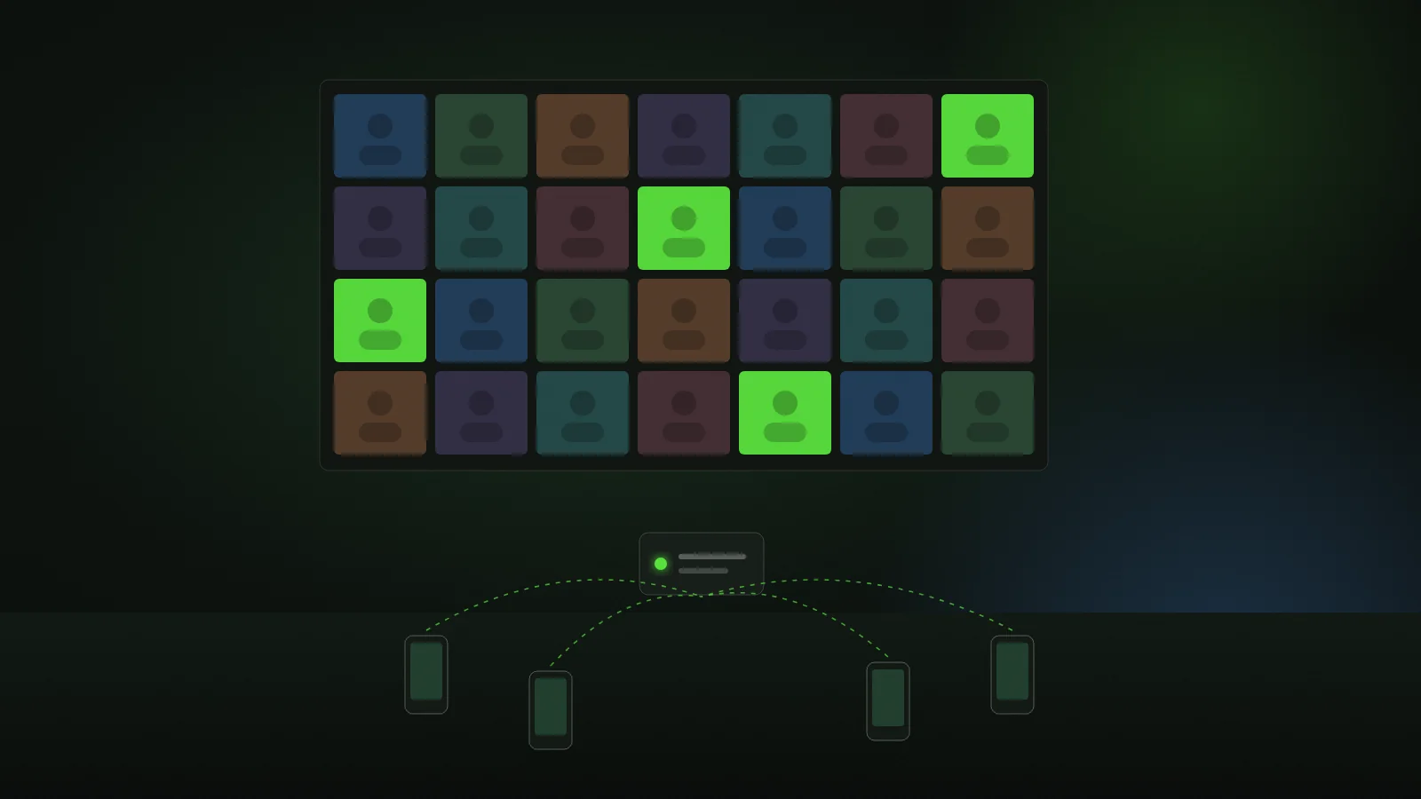 Illustration of an LED wall of guest photo tiles fed by phones through a small local server on the stand