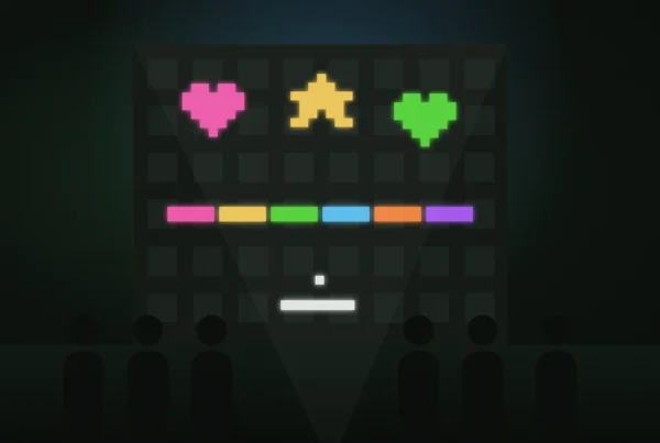 Illustration of colourful pixel art and a paddle game projected onto a building facade above a crowd