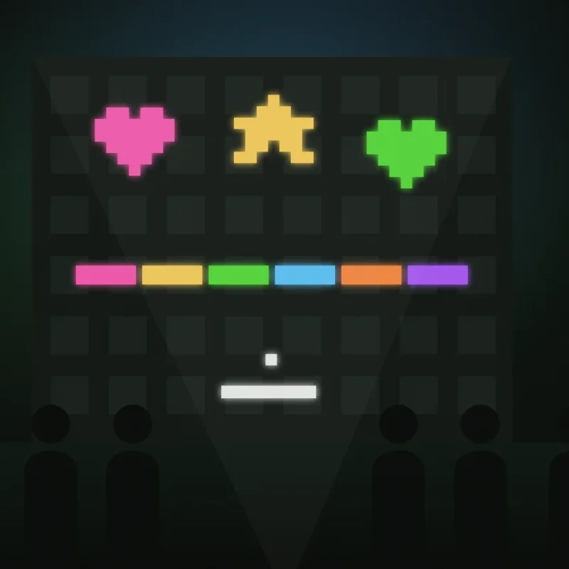Illustration of colourful pixel art and a paddle game projected onto a building facade above a crowd