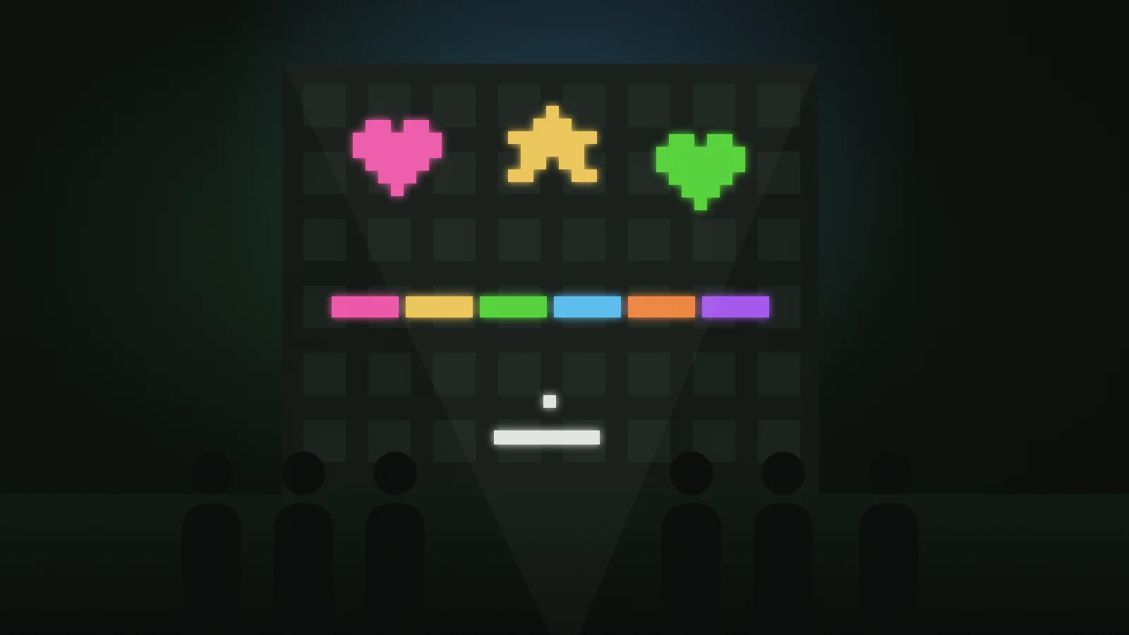 Illustration of colourful pixel art and a paddle game projected onto a building facade above a crowd