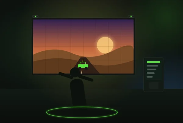 Illustration of a player leaning in front of an LED wall showing a desert road game at dusk, with a leaderboard kiosk beside the stand